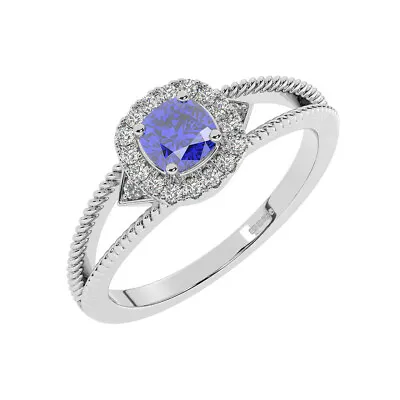 8MM Claw Set 100% Natural Round Diamond & Blue Sapphire Halo Ring 9K White Gold • £422.24