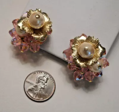 1960s Vendome  Pearl & Pink Crystal Bead Cluster Floral Gold-tone Clip Earrings • $19.99