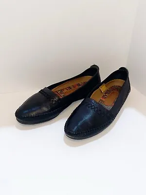 Hush Puppies Slip On Loafer Moc Black Leather Pointed Toe Aztec Tribal Womens 8 • $21.25