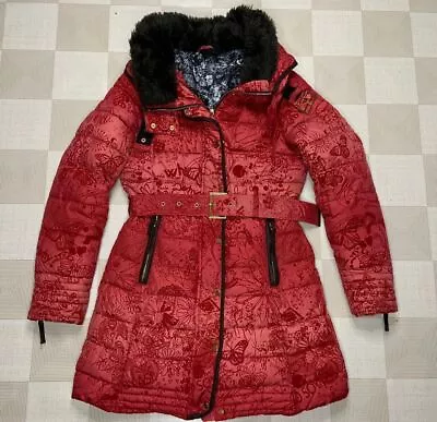 Desigual Women Paisley Red Faux Fur Collar Full Zip Puffer Jacket Size 38 Belted • $105.62
