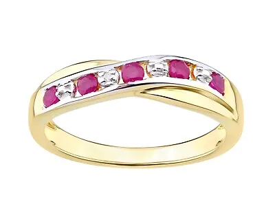 £35 • Buy 9ct Yellow Gold On Silver Ruby & Diamond Crossover Eternity Ring Sizes J - V
