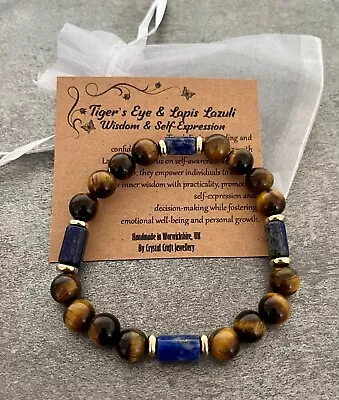 TIGER'S EYE & LAPIS LAZULI Stretch Bracelet Handmade Crystal Gemstone For Wisdom • £8.95