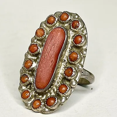 Sterling Silver & Coral 15 Stone Cluster Ring Sz 4.25 29mm Old Pawn AZ Estate • $47.97