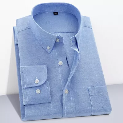 Mens Work Shirt Long Sleeve Cotton Oxford Collar Formal Button Down Shirts • £12.39