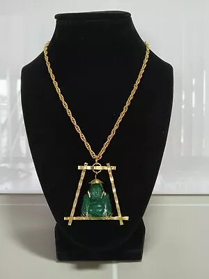 Vintage Green Lucite Gold Tone Buddha Pendant Necklace Estate Jewelry • $36