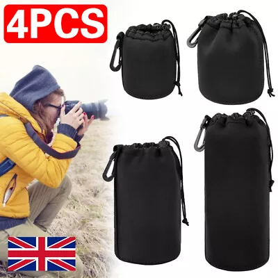 4Pc Camera Lens Pouch Bag Soft Neoprene Drawstring Protector Case Set Waterproof • £6.99