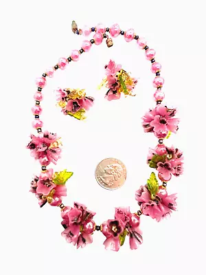 Rare Vintage Italian Pink Venetian Glass Flower Cluster & Leaves Necklace Set • $429.08