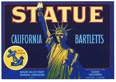 STATUE Vintage Suisun Pear Crate Label Of Liberty Patriotic AN ORIGINAL LABEL • $2.99