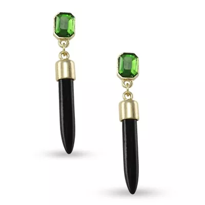 NEW Black Resin Dagger Dangle Earrings Green Rhinestone Matte Goldtone Fierce • $6
