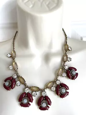 J. Crew Statement Necklace Sparkly Clear Crystals Dark Red Hard Plastic Flowers • $19.95