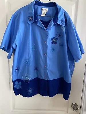 Vtg Bobbie Brooks W 26/28 Jacket Shirt Embroidered Butterflies Cotton SSlv Blues • $11