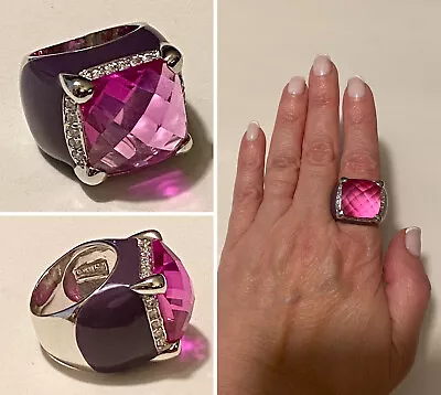 CHARLES WINSTON Checkerboard Cut Pink CZ & Purple Enamel Sterling Ring Size 6.5 • $79.99