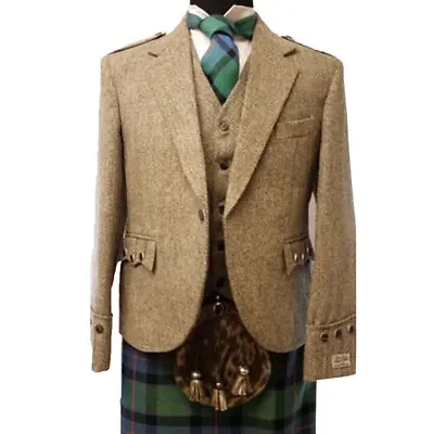 £79.99 • Buy Scottish Kilt Jacket With Vest  Khaki Wool Argyle Men Wedding Jacket