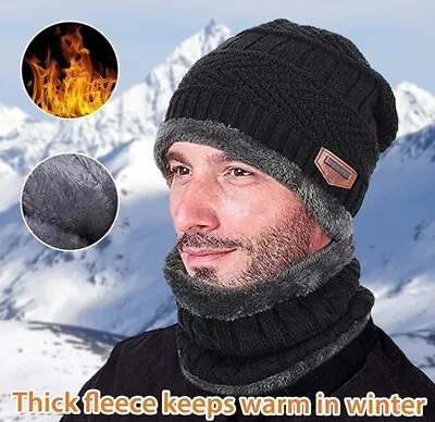 Men Hat And Scarf Snood Set Winter Beanie Hat Set Fleece Lining Warm Knitted Cap • £6.99