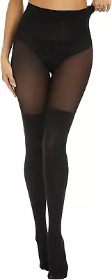 Black Faux Thigh High Opaque Tights Goth Mock Over Knee Stockings High Waist War • $23.99