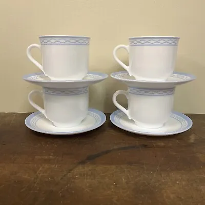 Set Of 4 Martha Stewart Everyday Cup And Saucers White With Blue Wavy Lines • $17.90