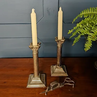£95 • Buy Pair Of Silver Plated Corinthian Column Candle Sticks And Snuffer Scissors