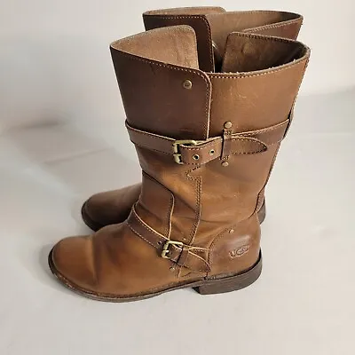 UGG SZ 10 Womens Boots Gillespie Biker Brown Leather Buckle Strap Distressed • $64.22