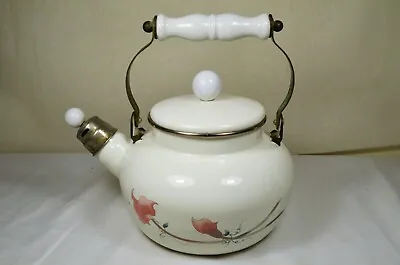 Vintage White Enamelware Whistling Teapot W/ Porcelain Handles Floral Pattern • $19.99