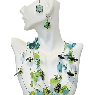 VTG Green Icy Glass Flower Necklace Earrings Set 17  Whimsical Statement Fairy • $44.91