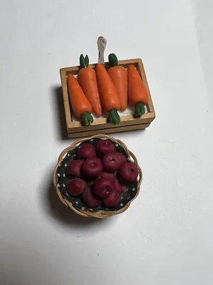 VTG Dollhouse Miniature Carrots Apples Vegetable Fruit Crate Basket Handmade Set • $25.50
