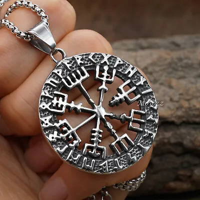 Stainless Steel Mens Norse Viking Rune Vegvisir Compass Pendant Necklace Gift • $7.99