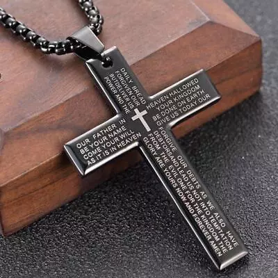 Cross Pendant Necklace For Men Boys Stainless Steel Lord's Prayer Bible Chain • $9.99