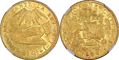 Chile 1836-So Republic Overstruck Gold 8 Escudos NGC AU-58 Mintage 27000 RARE!! • $5995