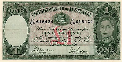 1938 Australian Sheehan/mcfarlan 1 Pound Banknote Vf P/64 618424 • $160