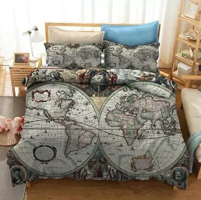 2Pcs 3Pcs Ancient Maps Bedding Set Quilt Duvet Cover Single Double King Size UK • £39.92