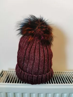 £7.90 • Buy KNITTED BEANIE SKI HAT DETACHABLE BOBBLE POMPOM XL RIBBED KNIT Cable RED WINE