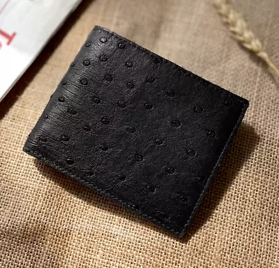 Black Genuine Ostrich Bifold Wallet - Ostrich Skin Amish Handmade Cash Wallet • $65