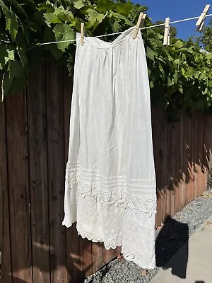 Victorian Cotton Petticoat With Floral Lace - Size S - Discoloration Throughout • $45