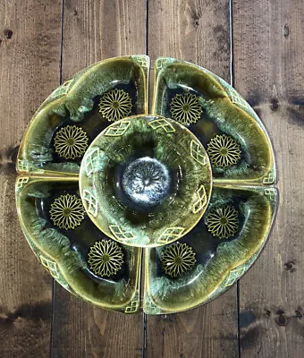 Vintage Chip & Dip Set Green Lava Glaze Flower W/ Composite Lazy Susan Wade MCM • $40