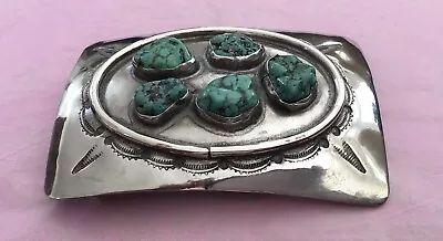 Vintage Native Style Signed SS Nickel Silver 5 Chunk Turquoise Gems Belt Buckle • $98