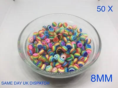 50 X Rainbow Stripe Round Resin Beads 8mm Top Quality Jewellery Making Bracelet  • £2.99