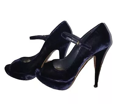 Miu Miu Sz 39 Dark Blue Velvet High Heeled Peep Toe Shoes In Box • £25