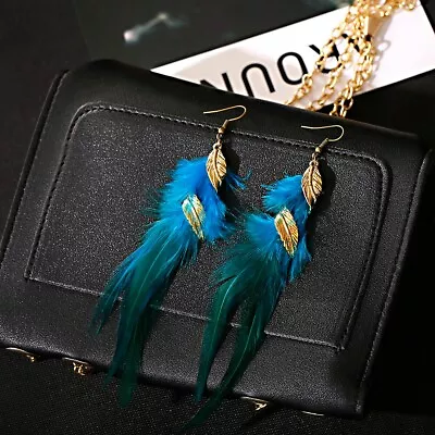 £3.35 • Buy Long Feather Dangle Earrings Vintage Boho Ethnic Gold Leaf Tassels Jewelry Gift