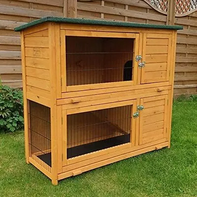 Double Decker Rabbit Hutch Guinea Pig Cage 2 Storey Wooden Pet Ramp Den Outdoor • £179.99