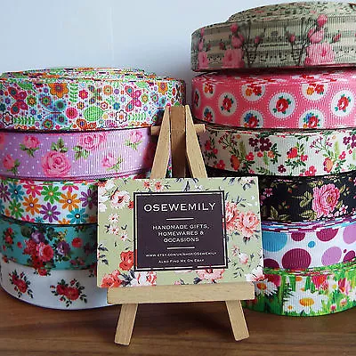 Per Metre Floral / Ditsy Grosgrain Ribbon 22mm/25mm Party Cake/ Hair Bows/Craft • £1.49