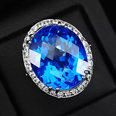 Neon Intense Blue Topaz Rare 27Ct 925 Sterling Silver Handmade Rings Size 5.75 • $42.99