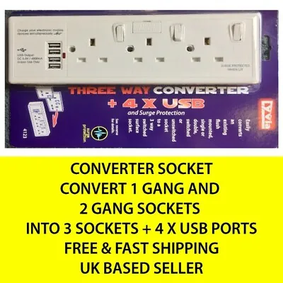 13A Converter Socket + 4 X USB  / Converts 1 Or 2 Gang 13A Wall Sockets To 3G • £29.99