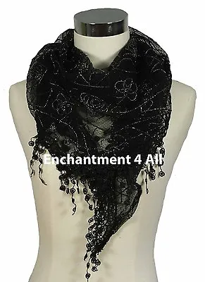 Sexy Triangular Floral Lace Fashion Scarf Shawl Wrap W/ Crochet Edging Black • £9.49