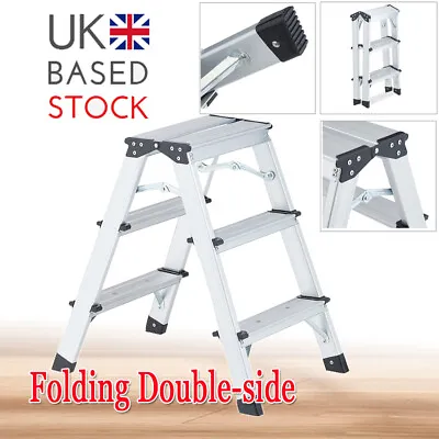 Portable Folding 3-Step Ladder Safety Non Slip Mat Tread Stool Kitchen Garden • £37.79