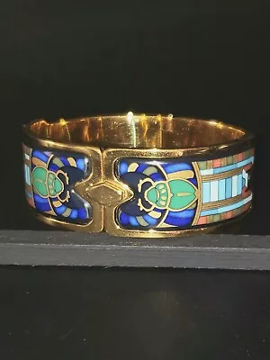 M . FREY WILLE Vintage 24KG Plated Enamel Hinge Bracelet Egyptian Scarab Design  • $485