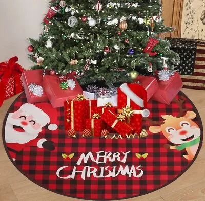 48” Christmas Tree Skirt Burlap W/ Red & Black Buffalo Plaid Santa And Elk • $9