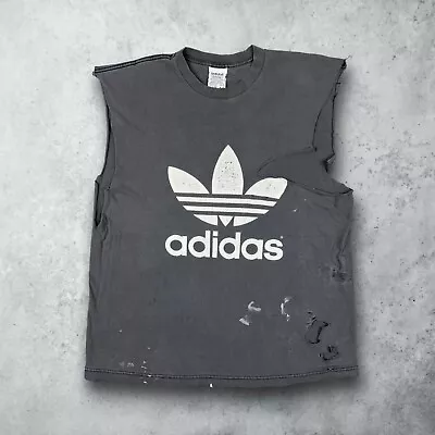 Vintage 90s Adidas Trefoil Distressed Faded Cut Off Tank Top T-Shirt Large USA • $24.99