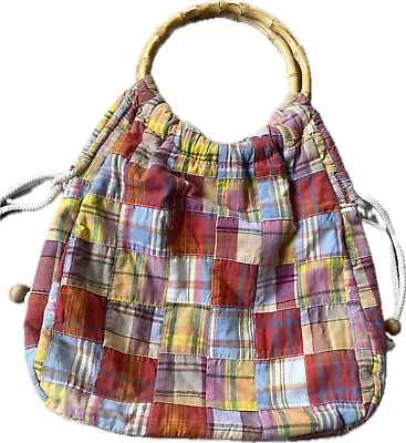 J Crew Patchwork Handbag Bamboo Handle  100% Cotton Y2K  Craft Bag Colorful • $18.95