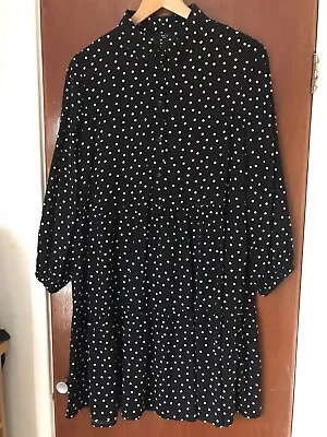 £0.99 • Buy M&Co Petite Black Polka Dot Dress Size 14 Tiered Collared 3/4 Sleeve