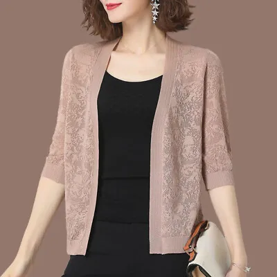 $18.04 • Buy Women Ice Silk Knitted Cardigan Cutout Thin Short Sweater Shawl 3/4 Sleeve
